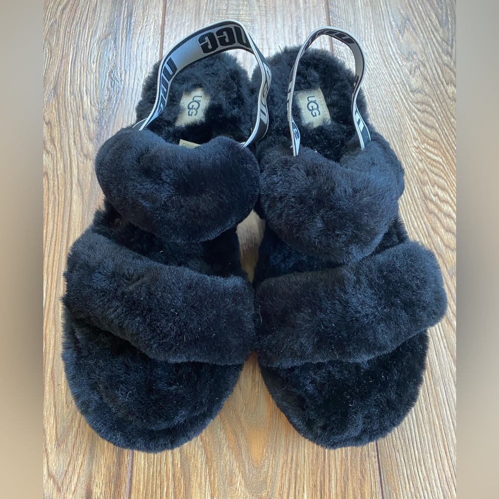 UGG Fluff Oh Yeah Black Slides Slippers Sandals Women's 10 Excellent Condition - Picture 4 of 10